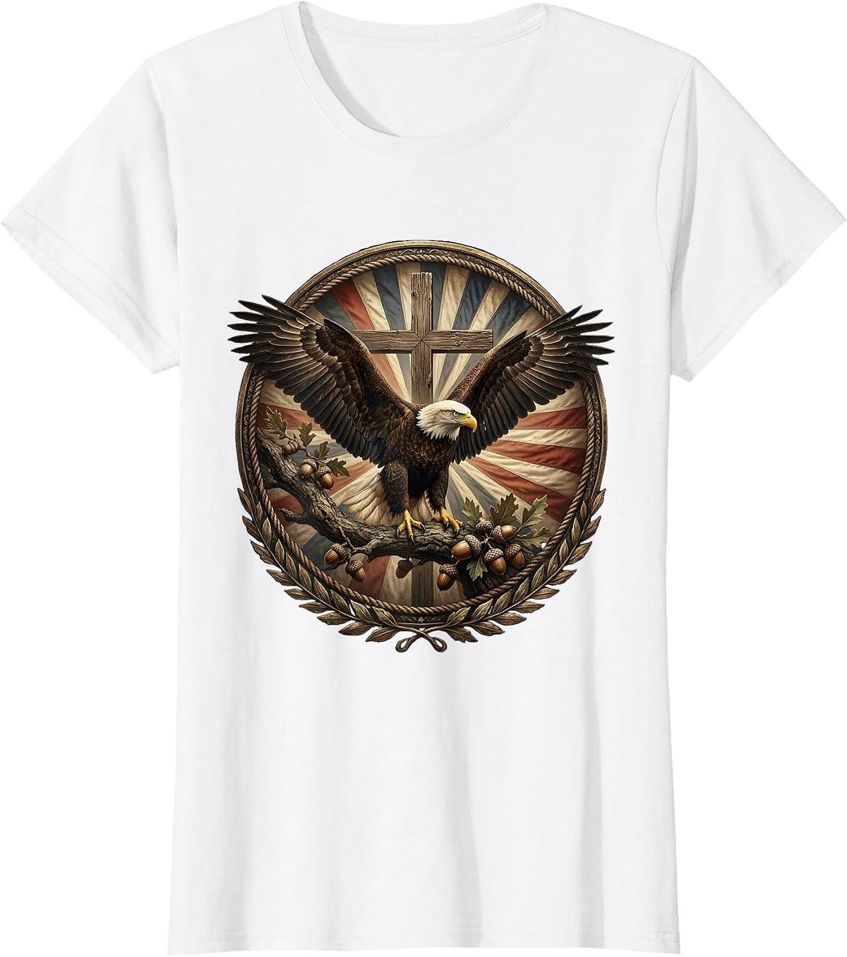 Bald Eagle Perched on Oak Branch Illustration T-Shirt - White