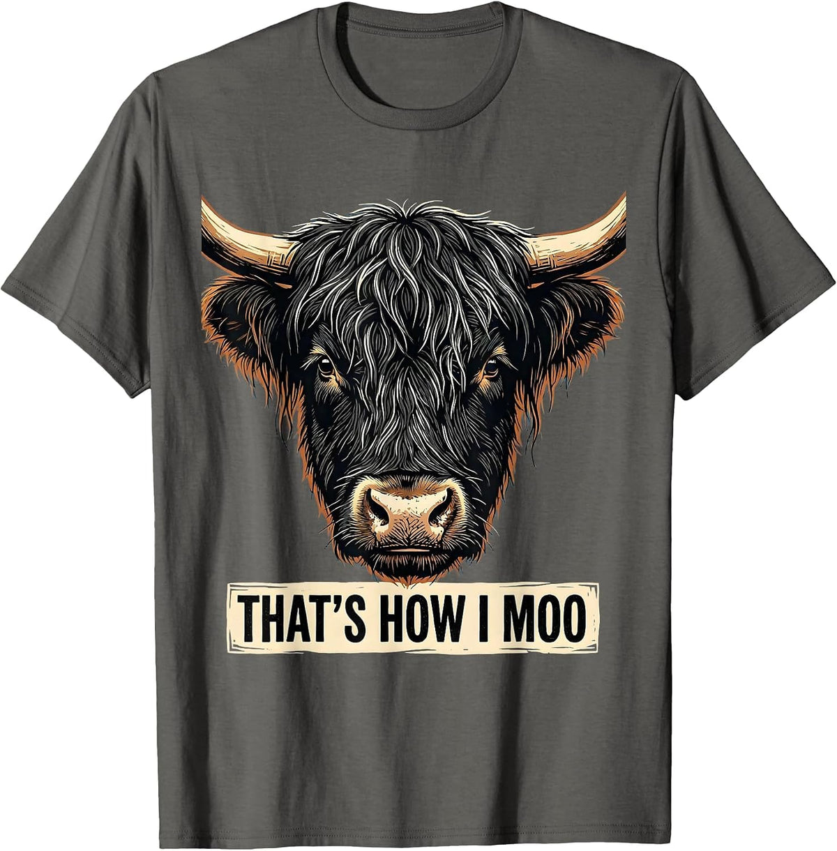 Men's That's How I Moo Funny Highland Cow Linocut Floral Humor T-Shirt - Asphalt Grey