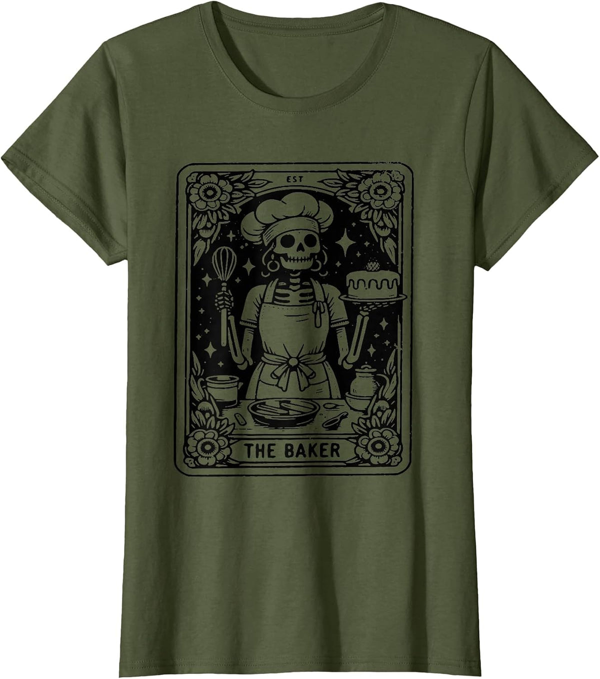 The Baker Tarot Card Skeleton Baking Skull Cook Witchy Chef T-Shirt - Olive Green
