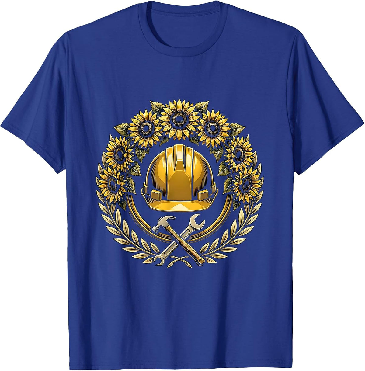 Labor Day Hard Hat Sunflower Wreath Illustration T-Shirt - Royal Blue