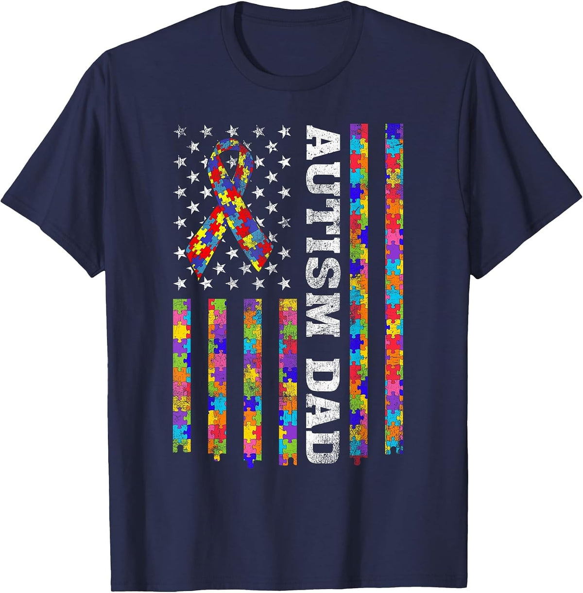 Proud Autism Dad Puzzle Piece Ribbon US American Flag T-Shirt - Navy Blue