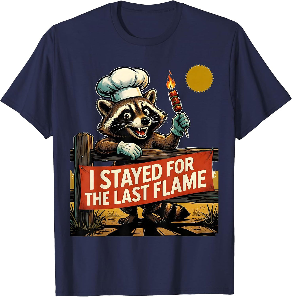I Stayed For The Last Flame Retro Chef Raccoon BBQ Mascot T-Shirt - Navy Blue