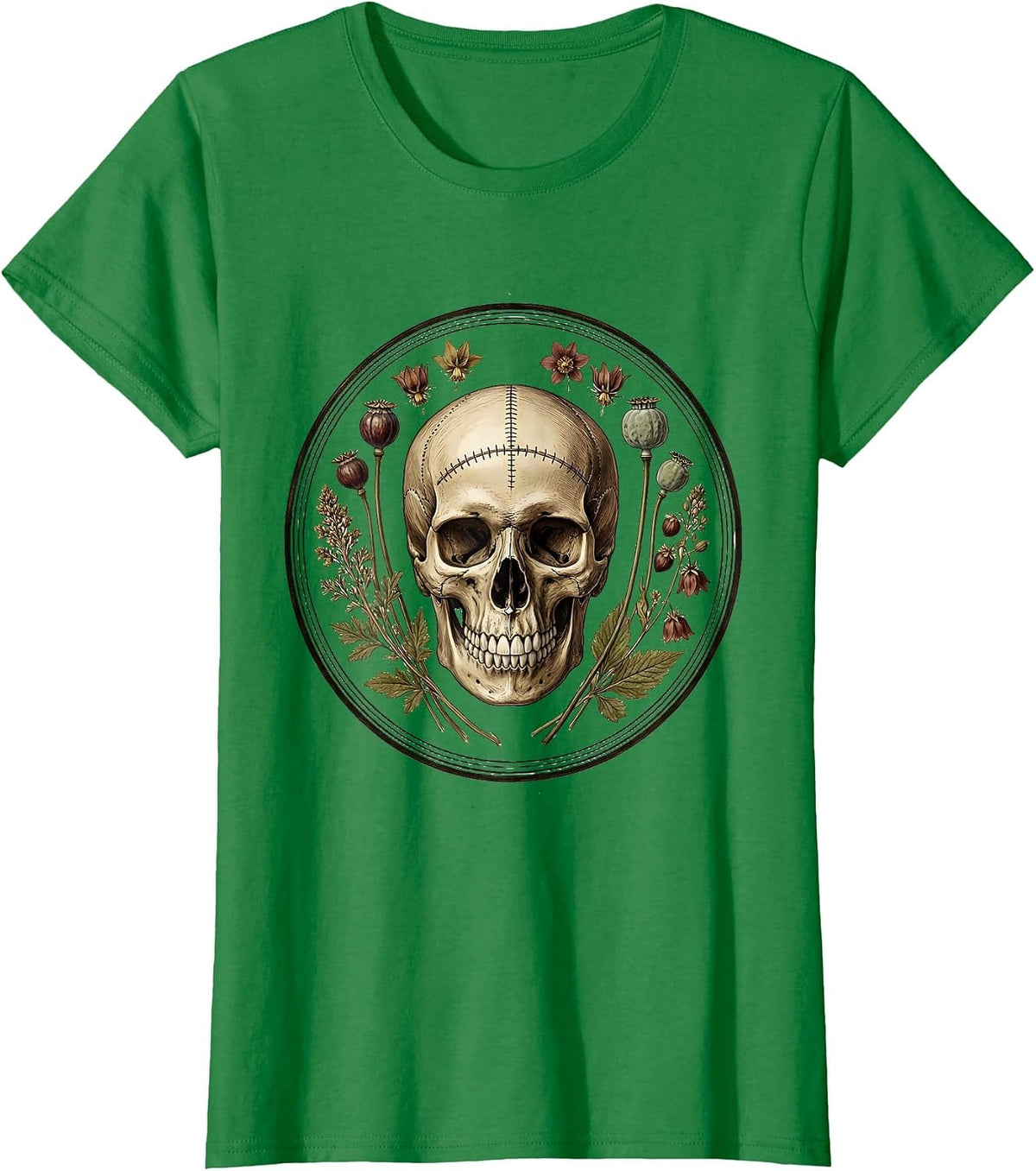 Women's Grinning Skull Surgical Scar Dark Humor Graphic T-Shirt - Kelly Green