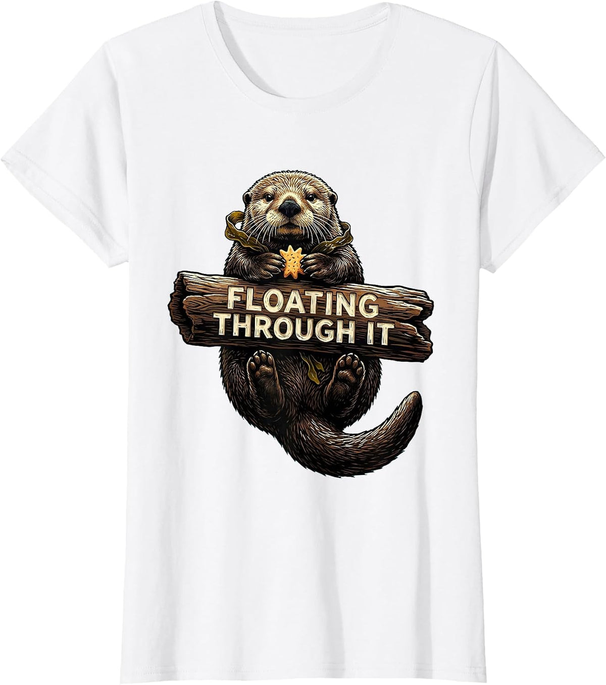 Floating Through It Linocut Sea Otter Humor Gift T-Shirt - White