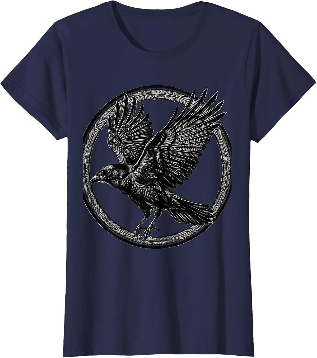 Women's Crow in Flight Spread Wings Bird Art Design T-Shirt - Navy Blue