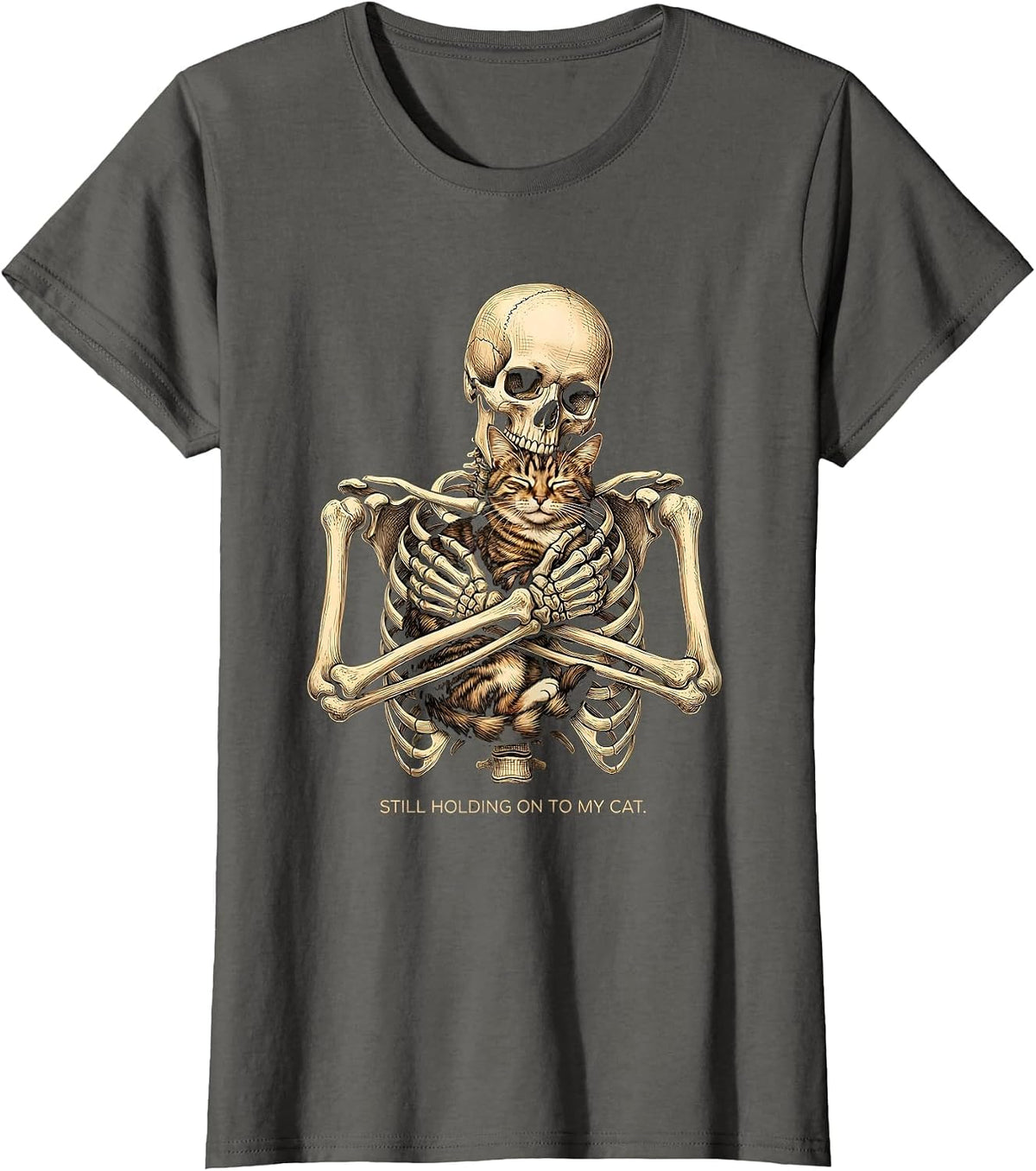Women's Still Holding On To My Cat Funny Skeleton Hugging Cat T-Shirt - Asphalt Grey