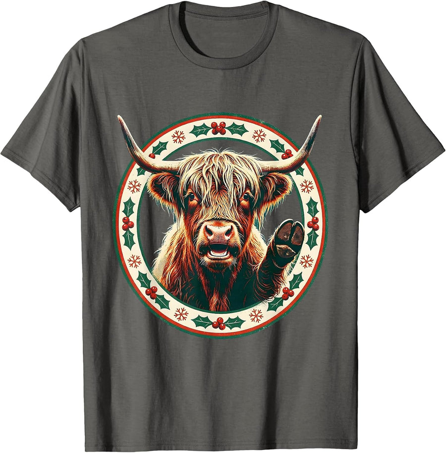 Highland Cow Holiday Badge Christmas Farm Animal Fan T-Shirt - Asphalt Grey