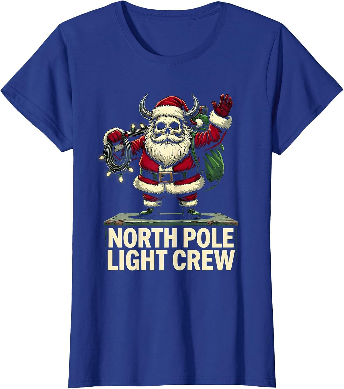 Women's North Pole Light Crew Cartoon Heavy Metal Santa Claus T-Shirt - Royal Blue
