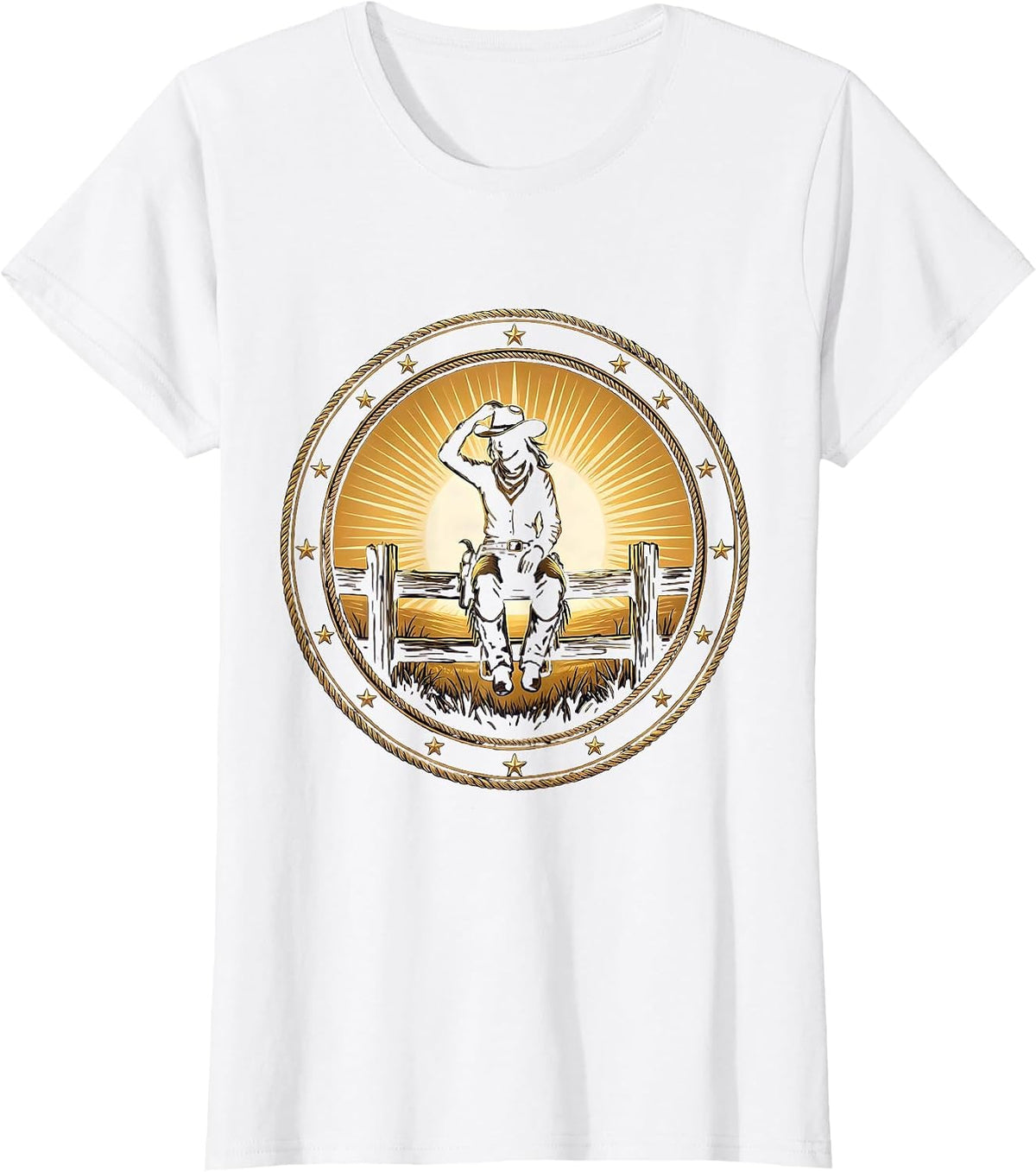 Cowgirl Sitting on Fence Watching Sunrise T-Shirt - White