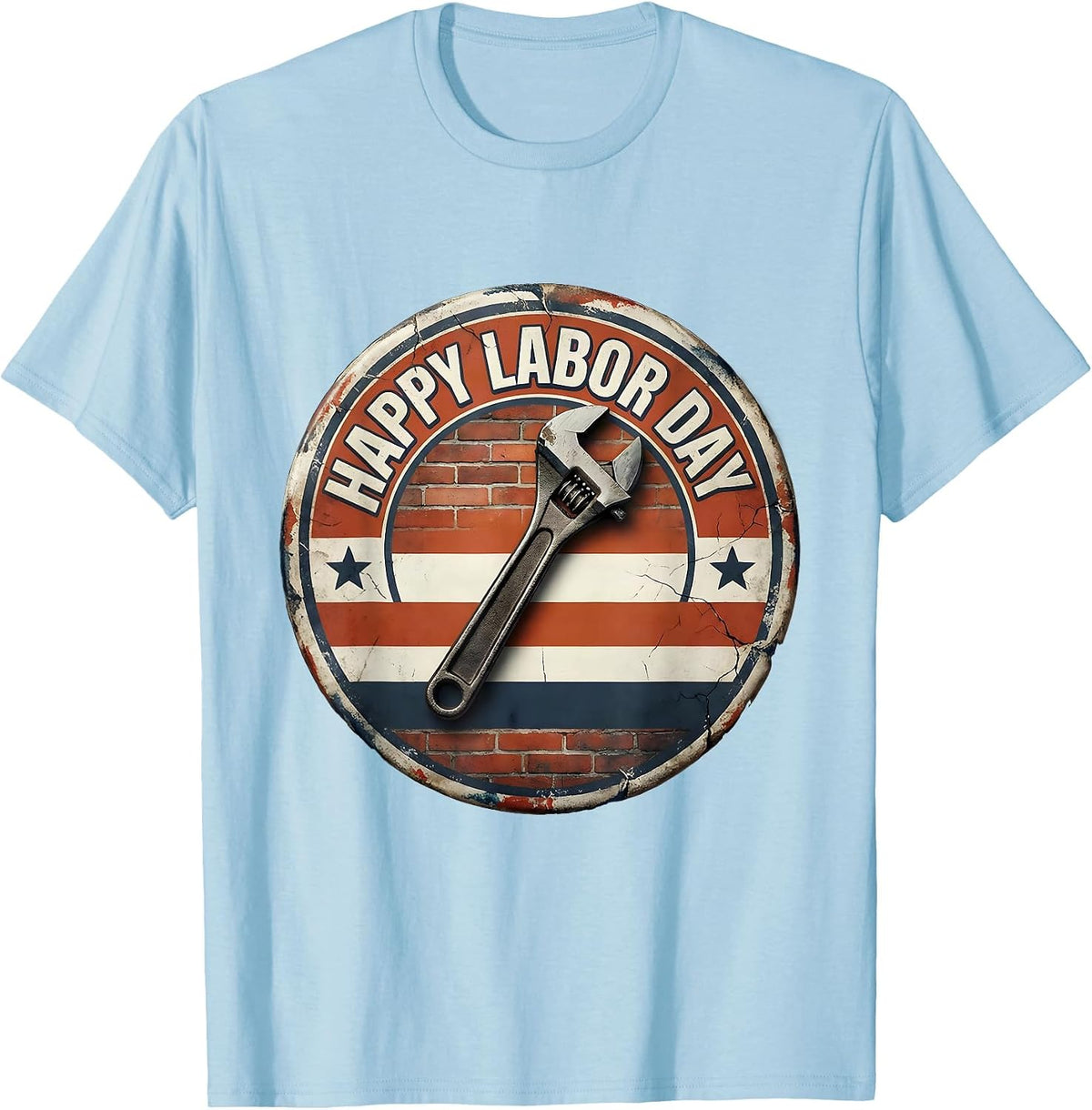 Men's Happy Labor Day Distressed Patriotic Union Worker Badge T-Shirt - Baby Blue
