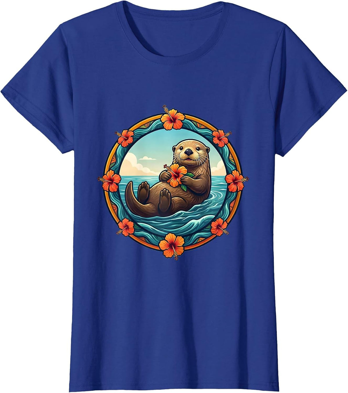 Women's Kids Hawaiian Sea Otter Hibiscus Flower Design T-Shirt - Royal Blue