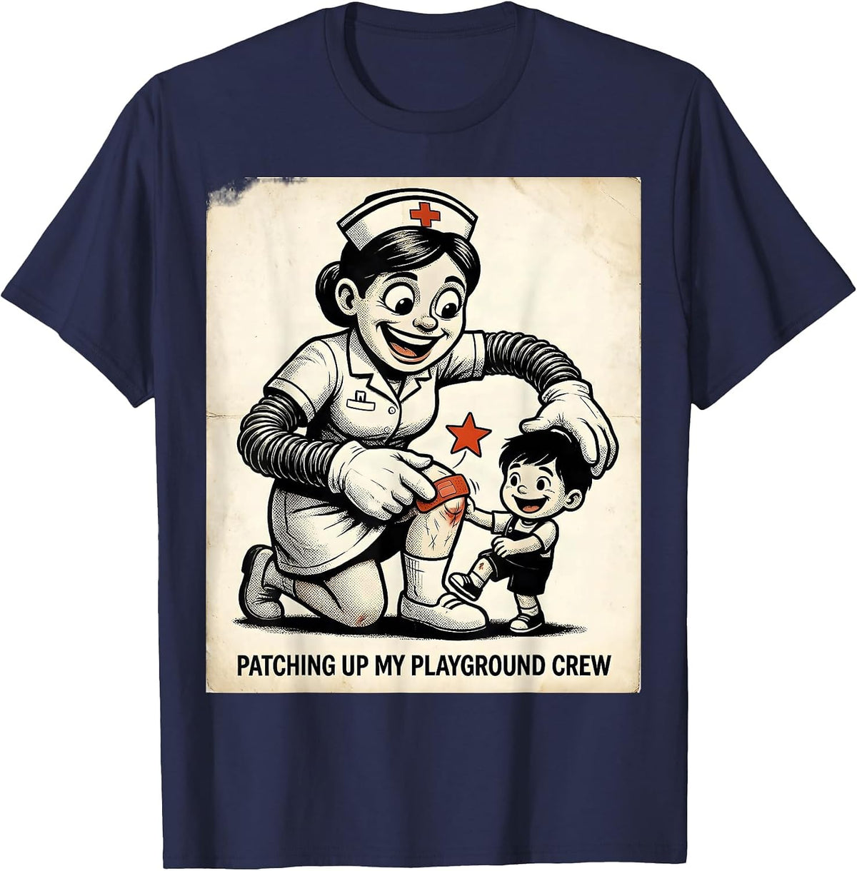 Patching Up My Playground Crew Retro Cartoon Nurse T-Shirt - Navy Blue
