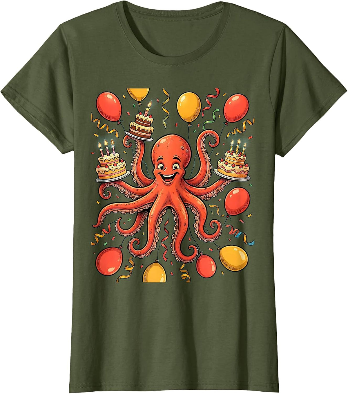 Women's Octopus Birthday Party Balloon Celebration Graphic T-Shirt - Olive Green