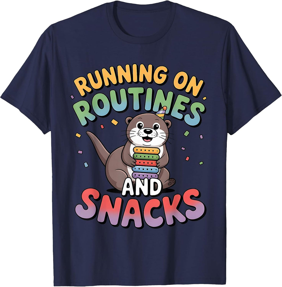 Running On Autism Routines and Snacks Otter Funny Autistic T-Shirt - Navy Blue