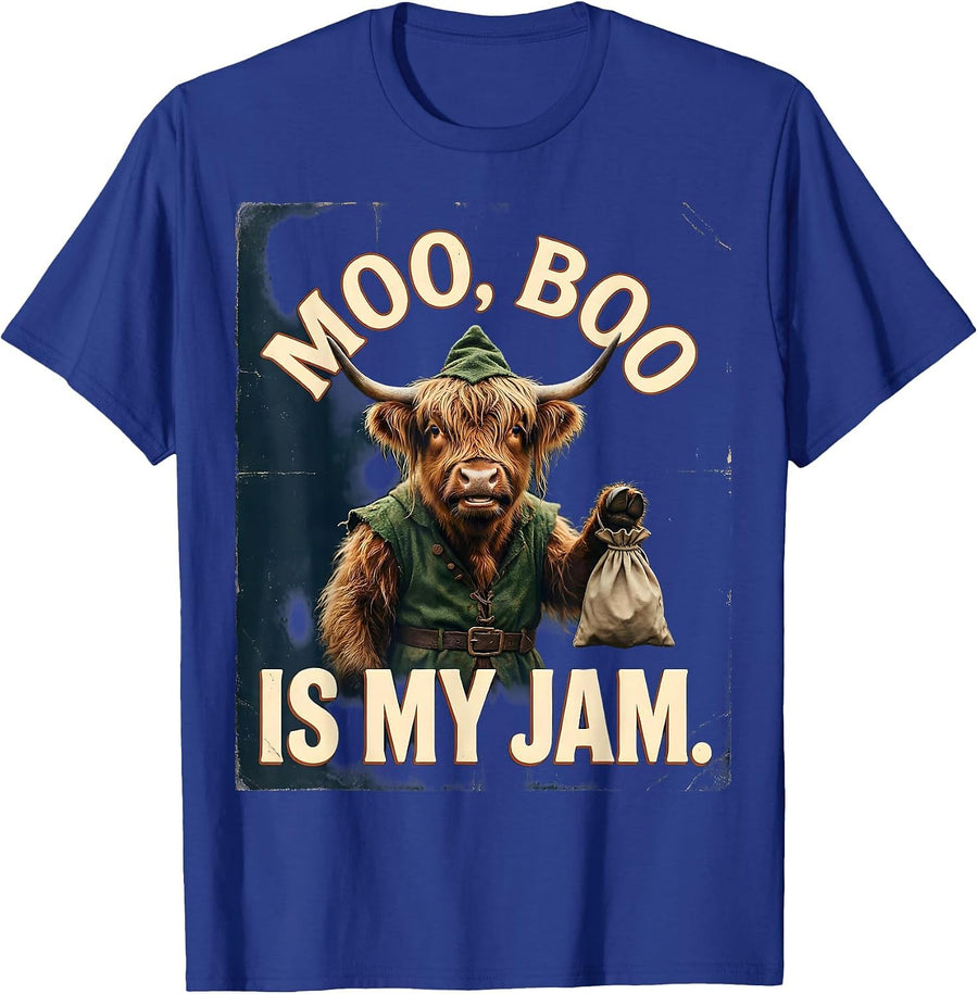 Moo, Boo Is My Jam Vintage Highland Cow Halloween Costume T-Shirt - Royal Blue