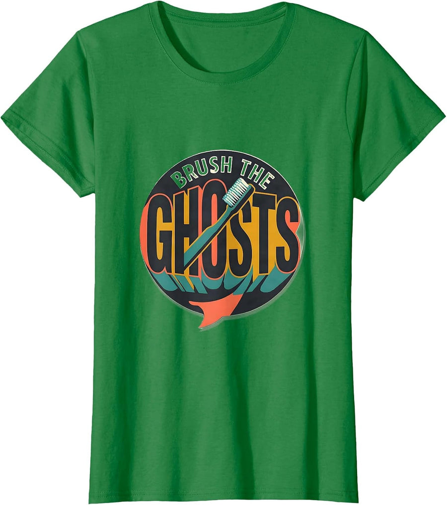 Women's Brush the Ghosts Midcentury Modern Dental Halloween Costume T-Shirt - Kelly Green