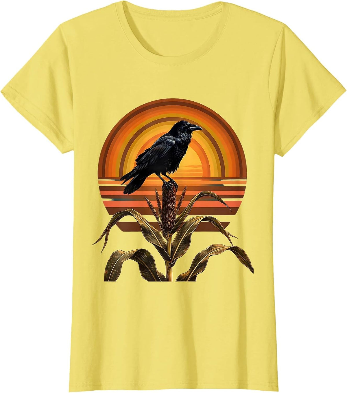 Women's Crow Perched on Corn Stalk Harvest Illustration T-Shirt - Lemon Yellow
