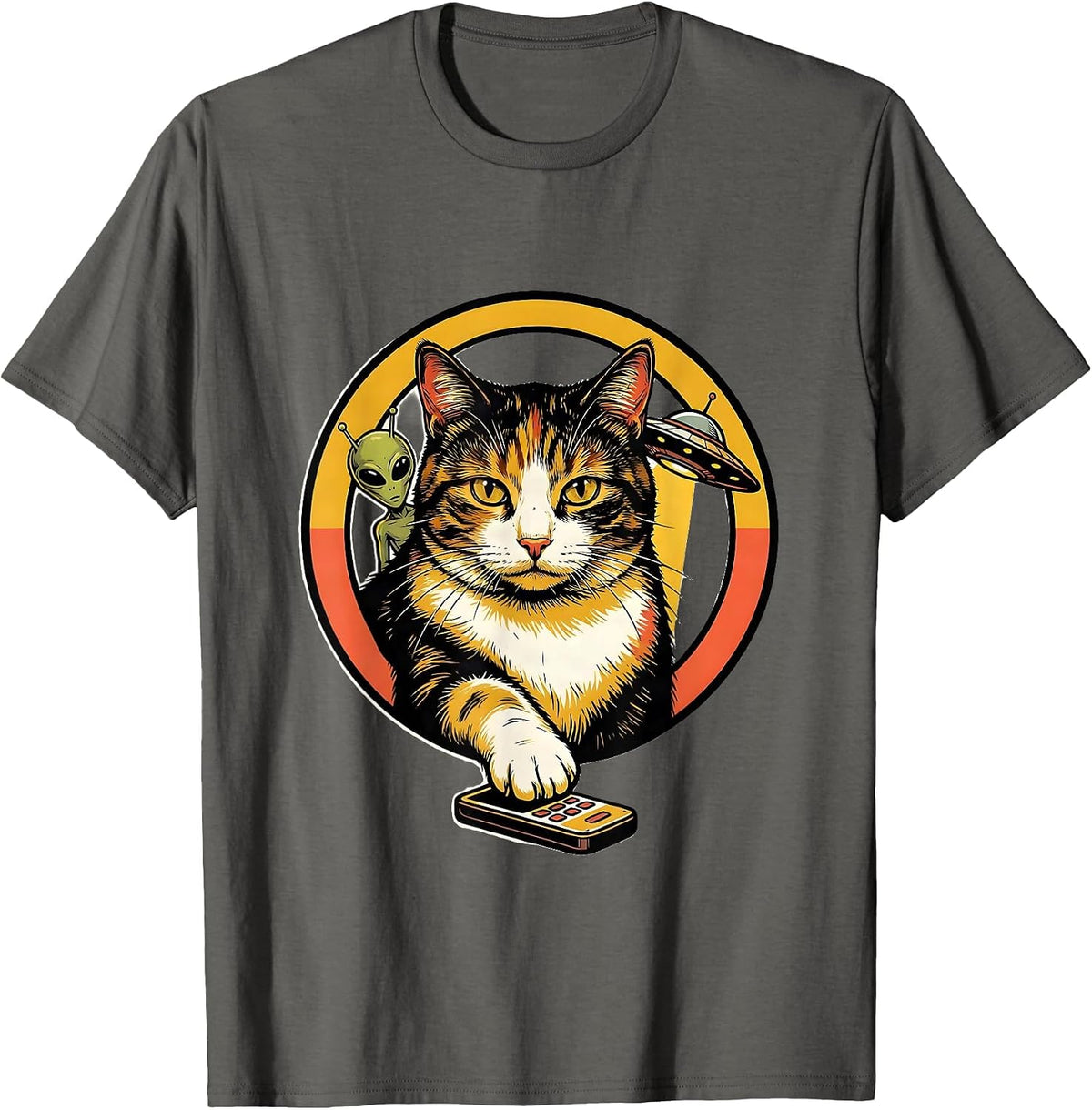 Cat Selfie With Alien UFO Funny Cat Lover Gift T-Shirt - Asphalt Grey