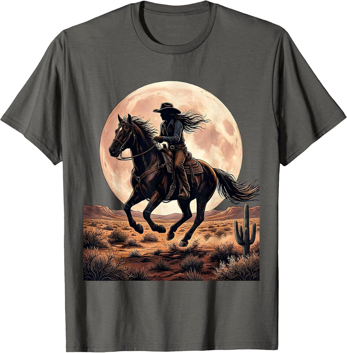 Men's Cowgirl On Horseback Under Full Moon Graphic T-Shirt - Asphalt Grey