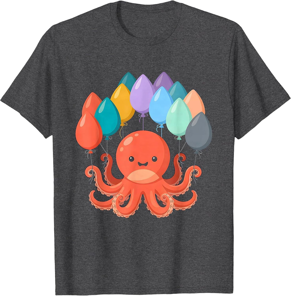 Octopus Birthday Balloon Celebration Graphic T-Shirt - Dark Heather Grey