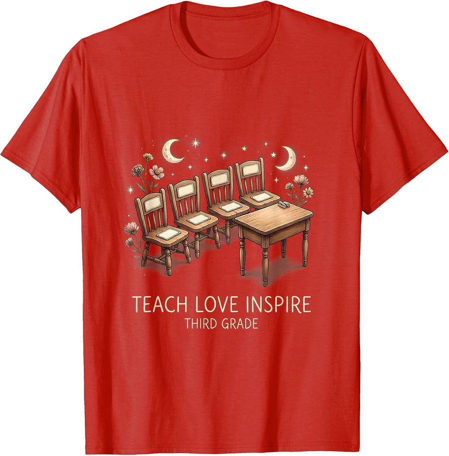 Third Grade Teach Love Inspire Cottagecore Teacher Back To T-Shirt - Red