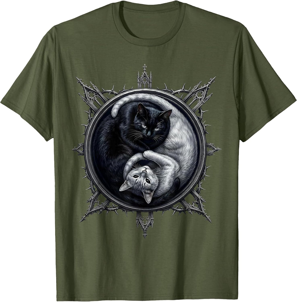 Black Cat Yin Yang Balance Graphic Design T-Shirt - Olive Green