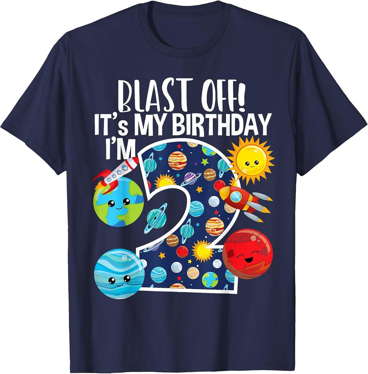Space Planets Funny Solar Space 2nd Birthday Party 2 Yrs Old T-Shirt - Navy Blue