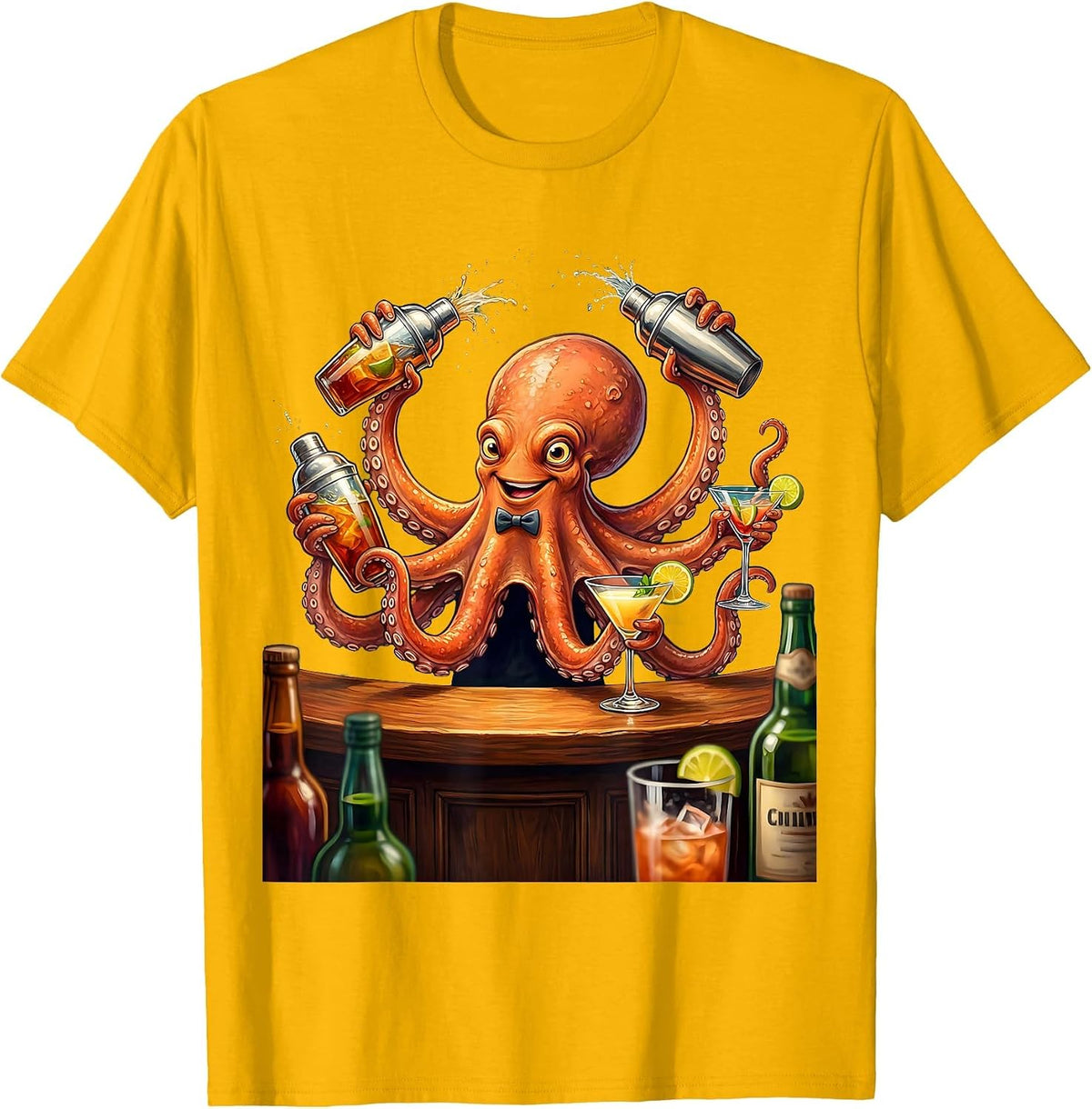 Octopus Bartender Cocktail Shaker Drinking Art T-Shirt - Golden Yellow