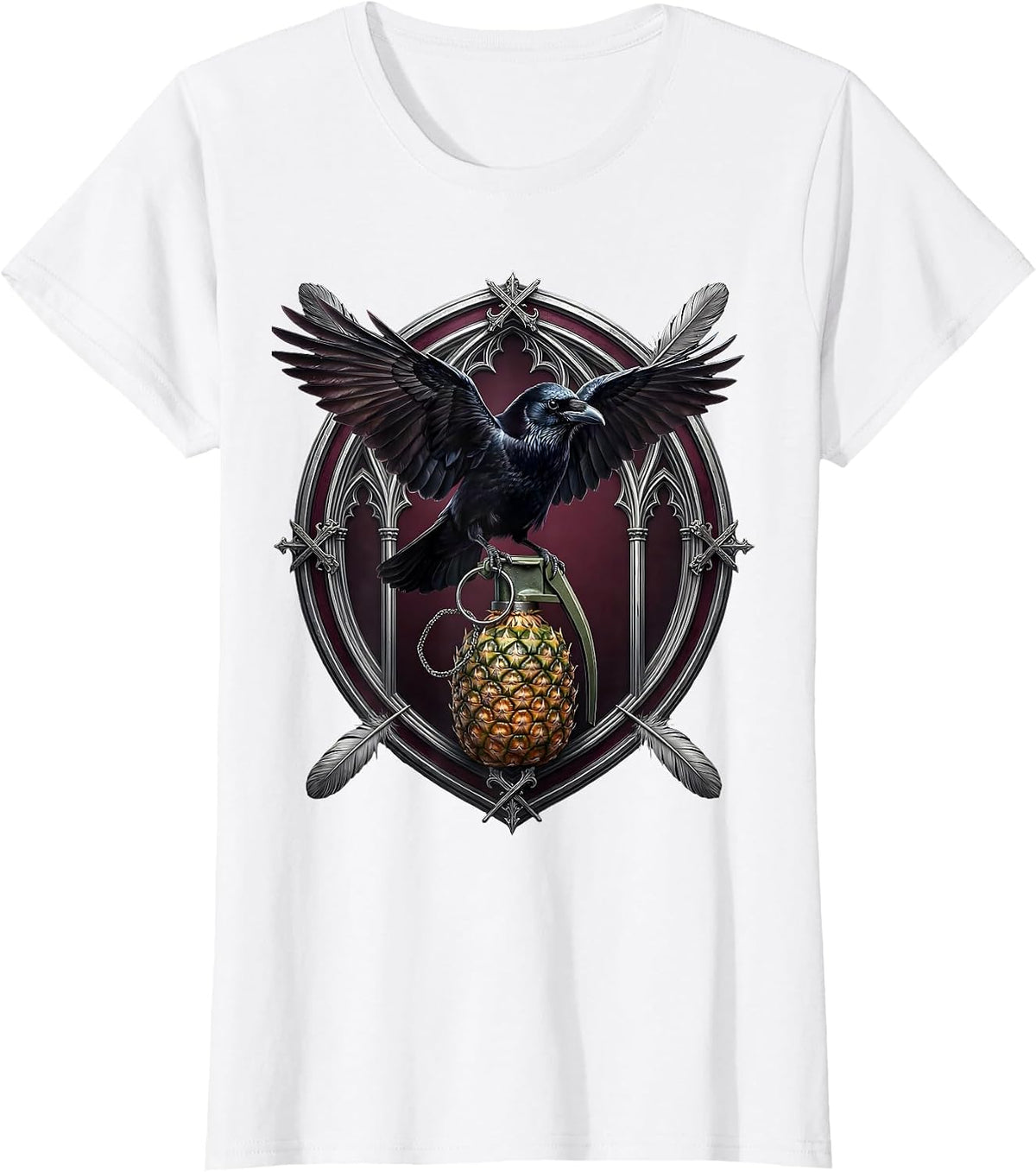 Crow Perched on Grenade Dark Art Illustration T-Shirt - White
