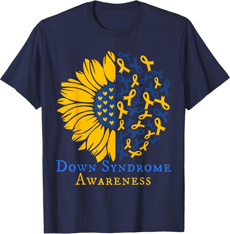 Kids Down Syndrome Awareness Ribbon Sunflower Toddler Girl T-Shirt - Navy Blue