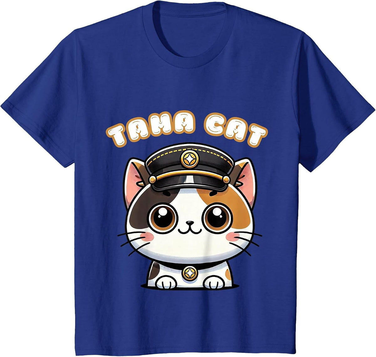 Tama Cat Railway Officer Kawaii Calico Cute Japanese T-Shirt - Royal Blue