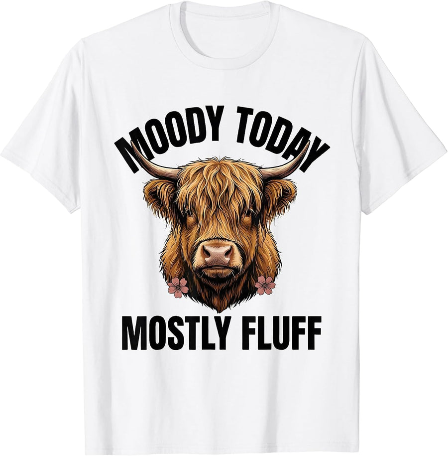 Men's Moody Today, Mostly Fluff Funny Highland Cow Floral Humor T-Shirt - White