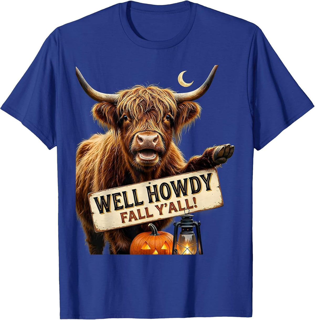 Men's Well Howdy, Fall Y'all! Whimsical Highland Cow Halloween T-Shirt - Royal Blue
