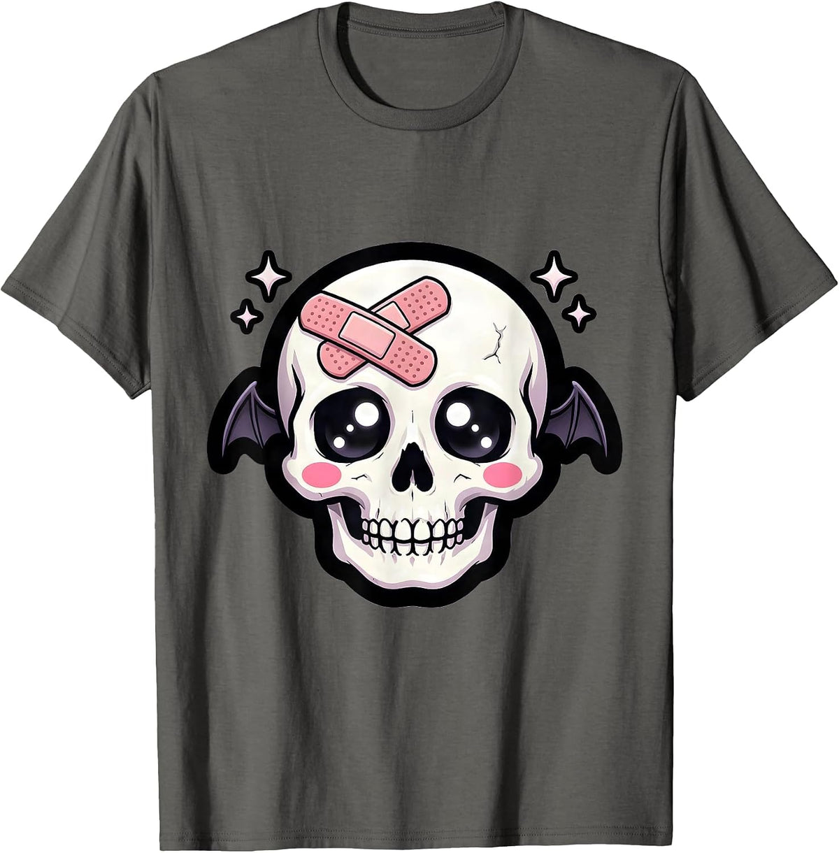 Smiling Skull with Band-Aid Graphic Tee T-Shirt - Asphalt Grey