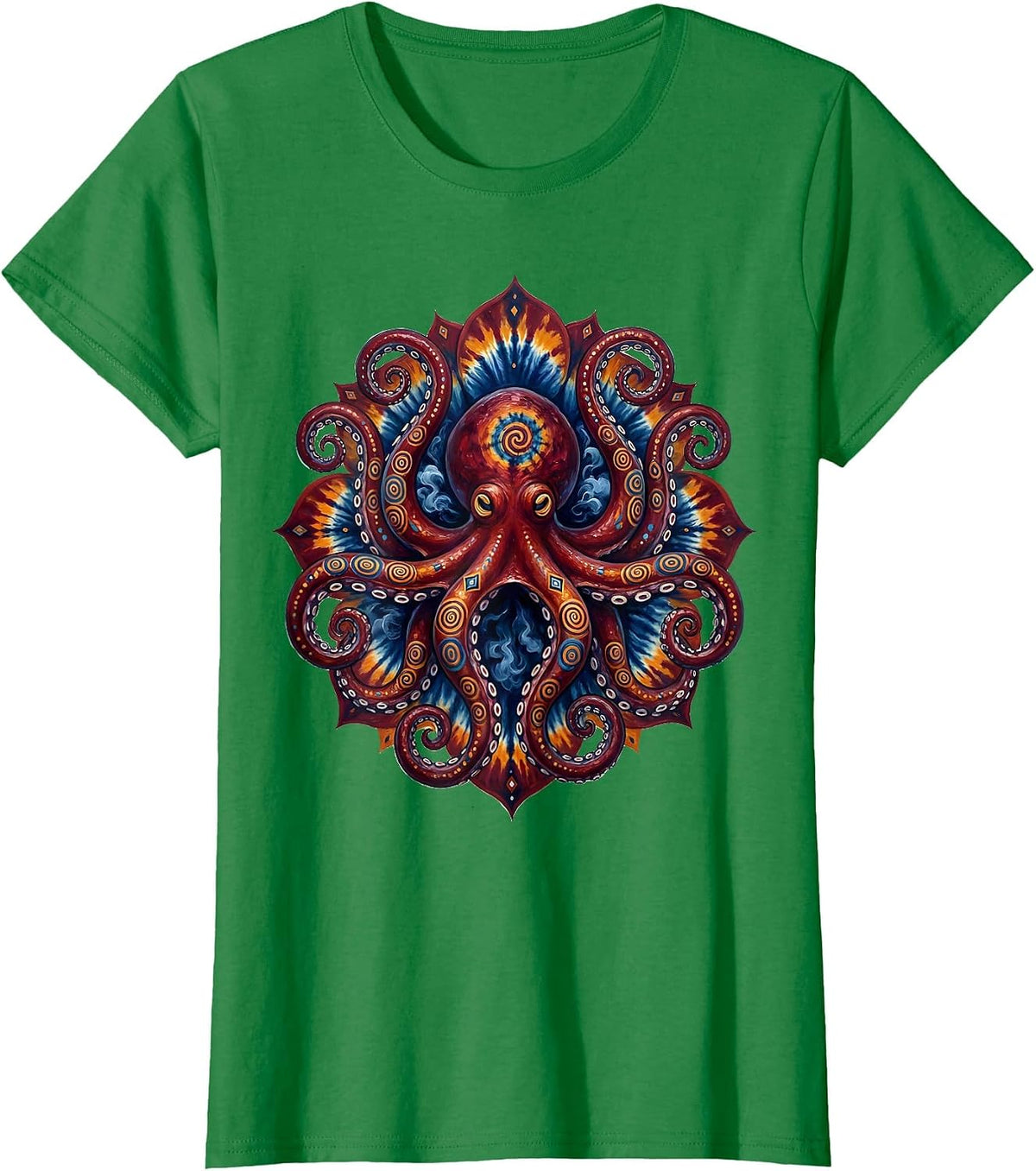 Women's Tie Dye Octopus Inking Rainbow Swirl Art T-Shirt - Kelly Green