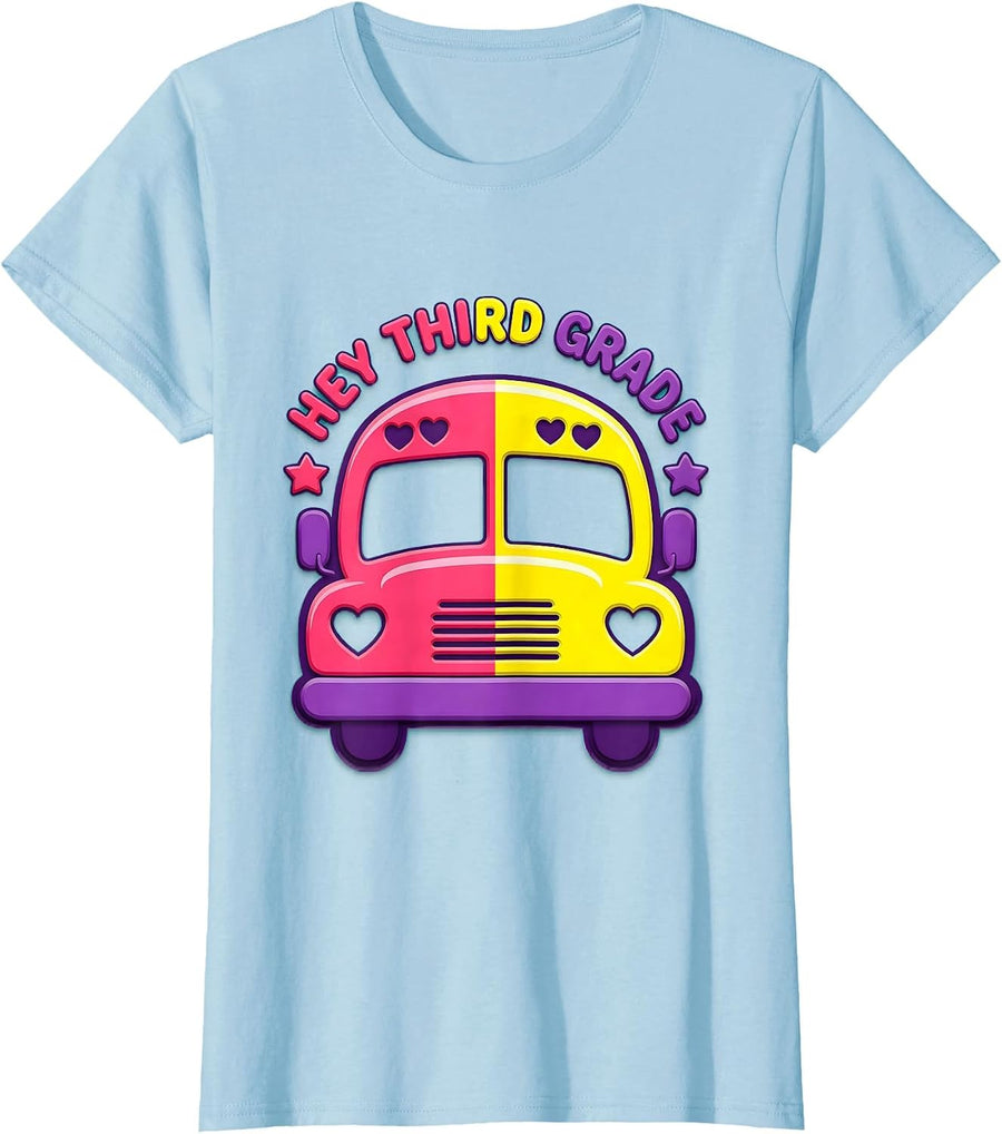 Women's Hey Third Grade Playful Gummy Jelly Pop Back To School T-Shirt - Baby Blue