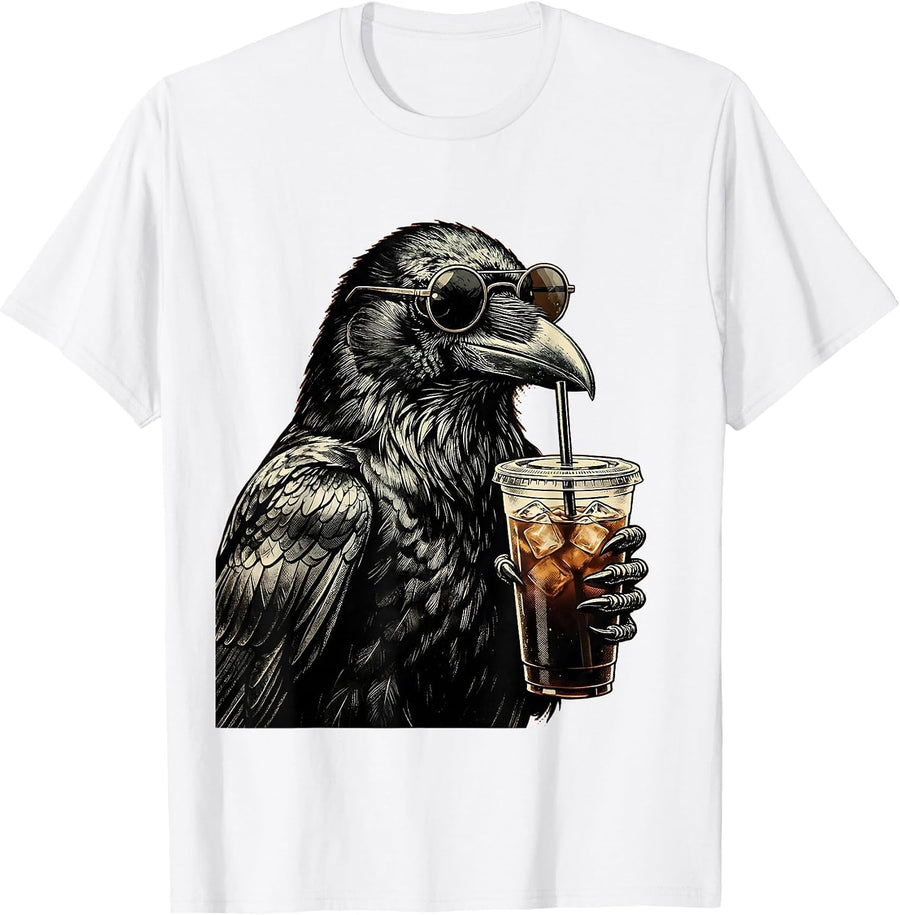 Men's Cool Crow in Sunglasses Drinking Iced Coffee T-Shirt - White