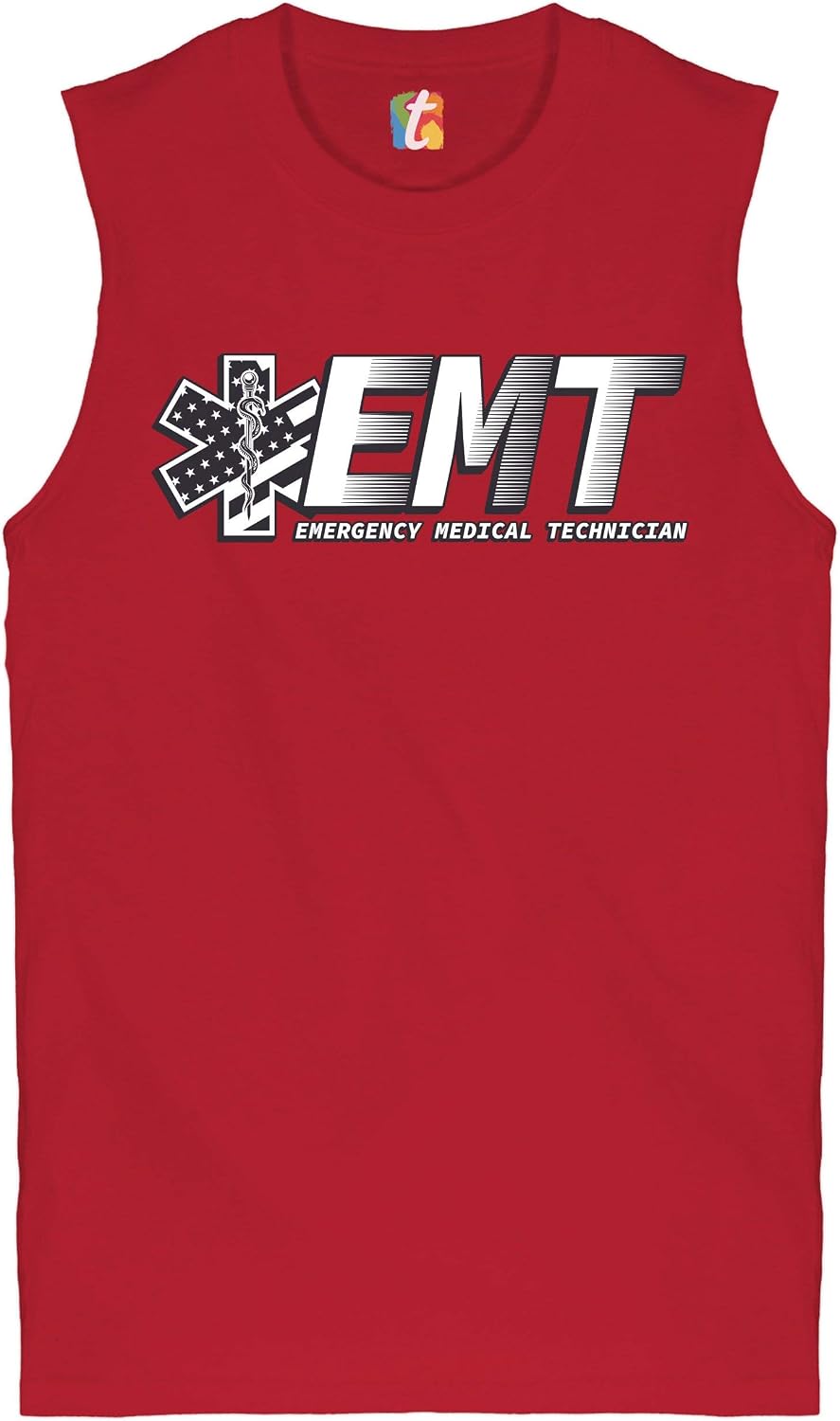 Tee Hunt EMT Emergency Medical Technician Muscle Shirt EMS Paramedic Star of Life Men's - Red