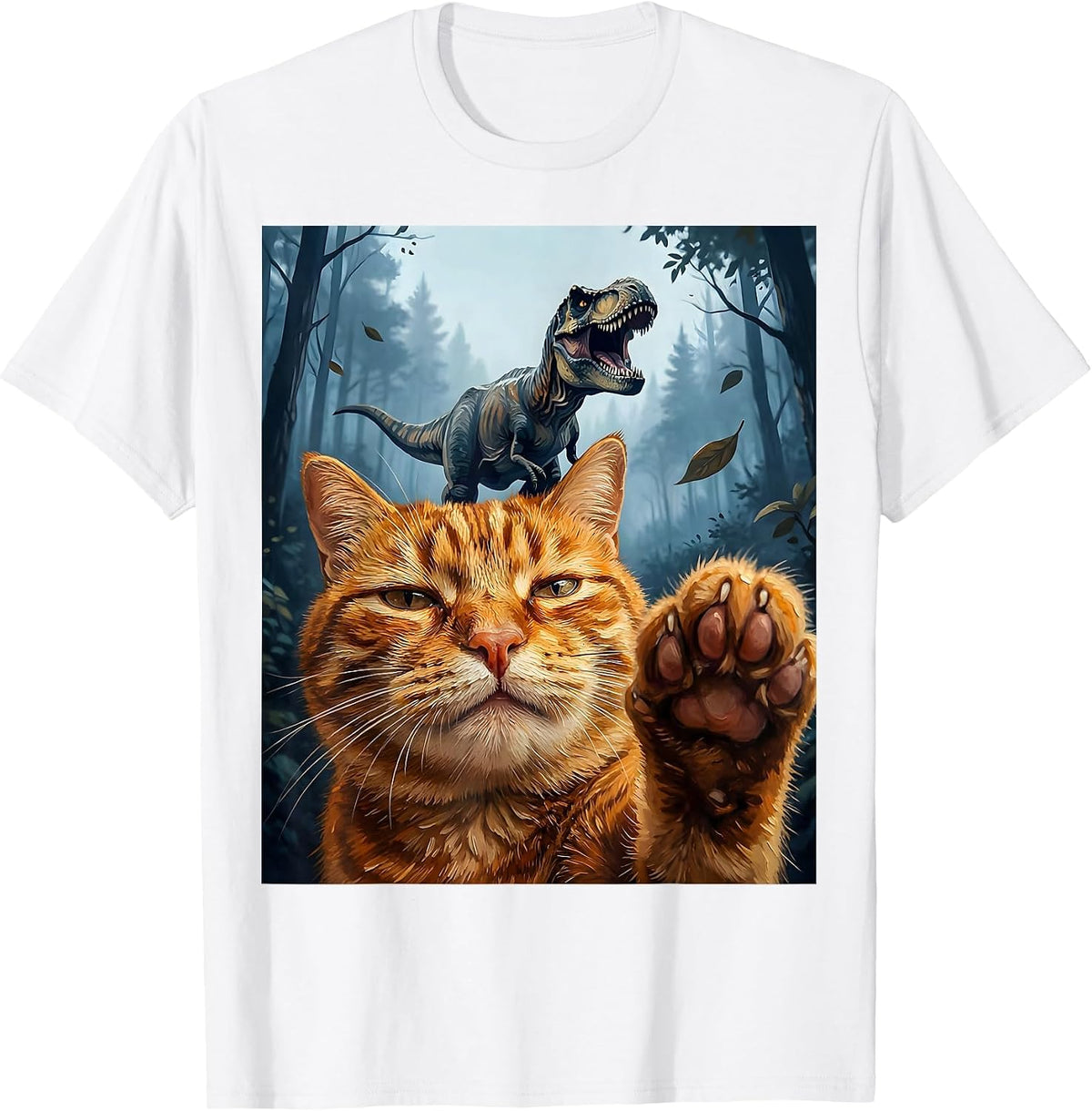 Men's Cat Selfie With T-Rex Dinosaur Funny Meme Cat Lover T-Shirt - White