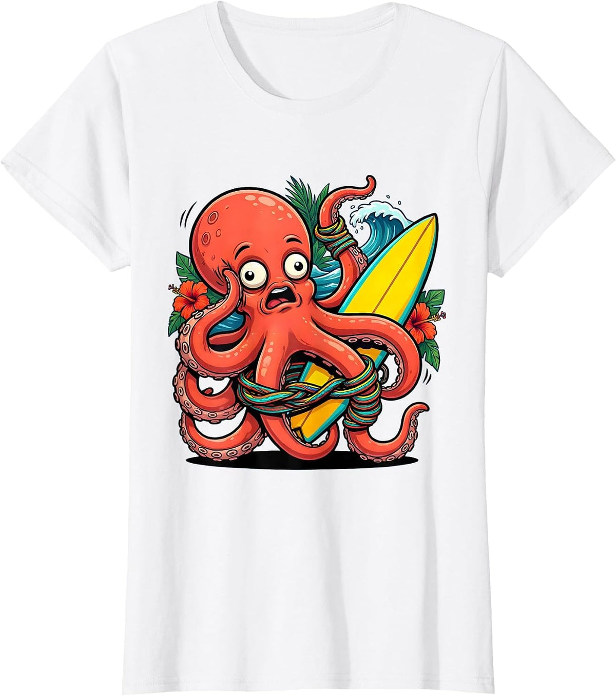 Women's Giant Octopus Tangled Surfboard Leash Hawaiian T-Shirt - White