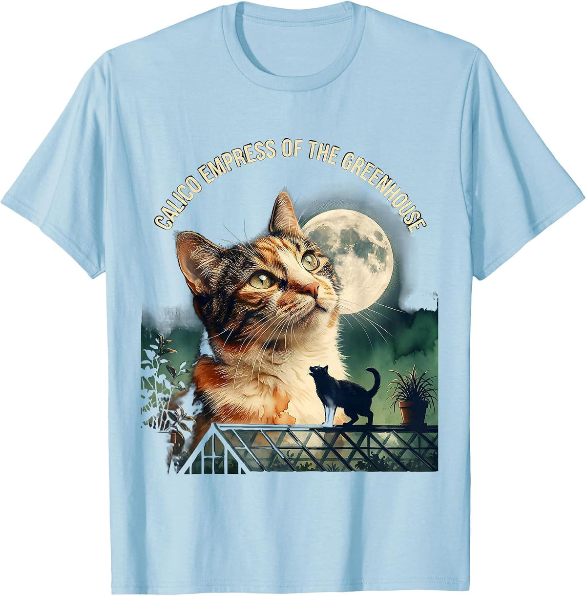 Men's Calico Empress of the Greenhouse Vintage Cat Howling at Moon T-Shirt - Baby Blue