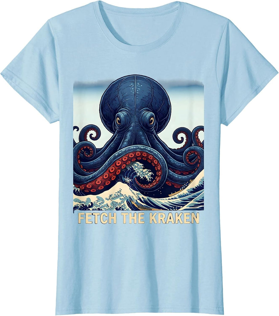Women's Fetch The Kraken Ukiyo-e Octopus Sea Monster Ocean Lover T-Shirt - Baby Blue