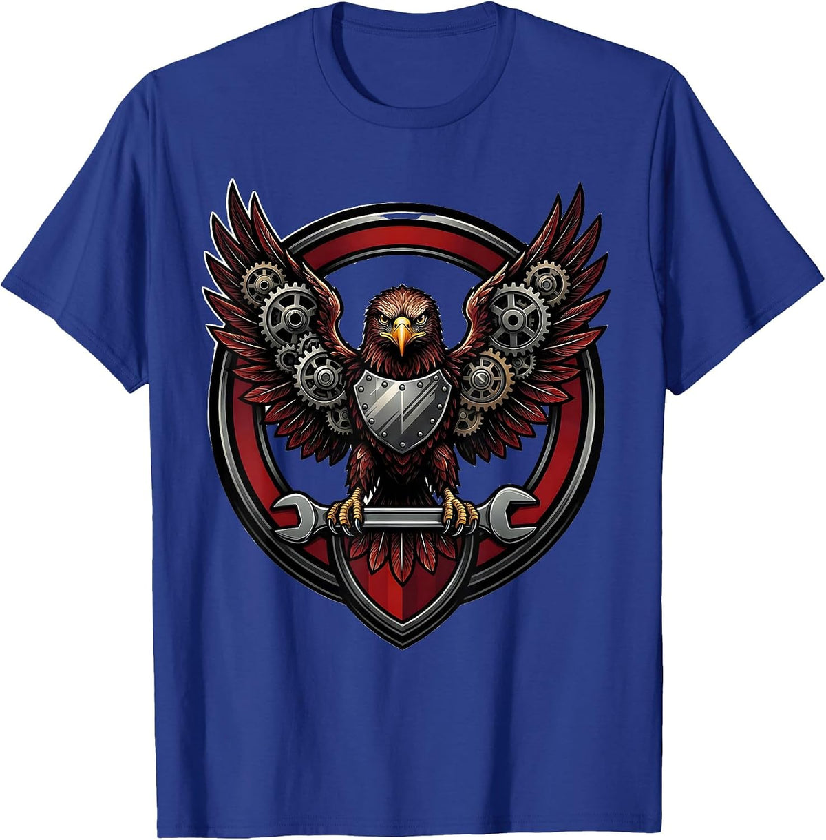 Men's Mechanical Eagle Gear Wing Steampunk Illustration T-Shirt - Royal Blue