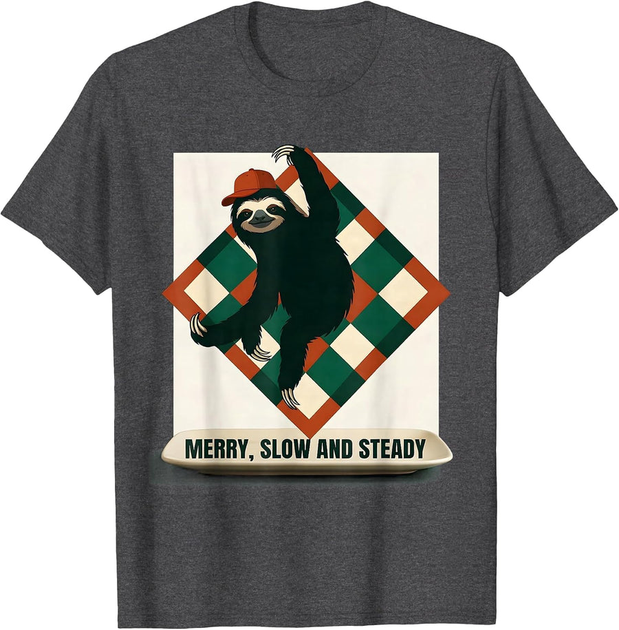 Men's Merry, Slow And Steady Funny Sloth Christmas Humor Sloth T-Shirt - Dark Heather Grey