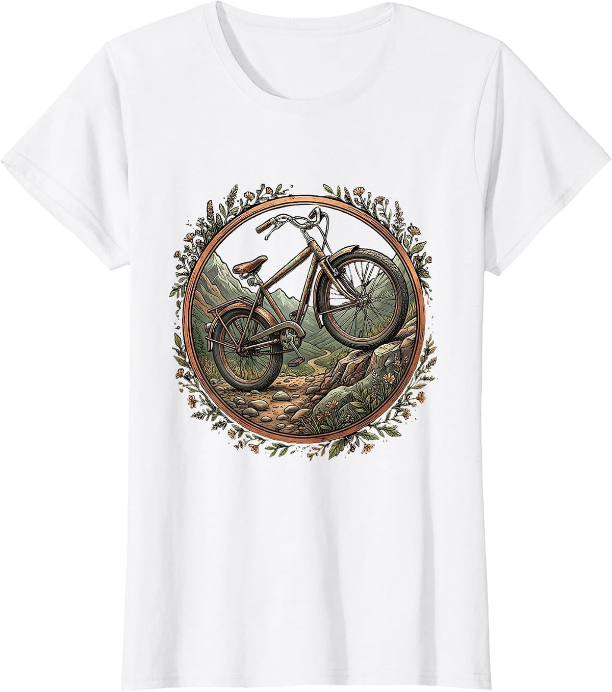 Rusted Bicycle Mountain Trail Progress Over Perfection T-Shirt - White