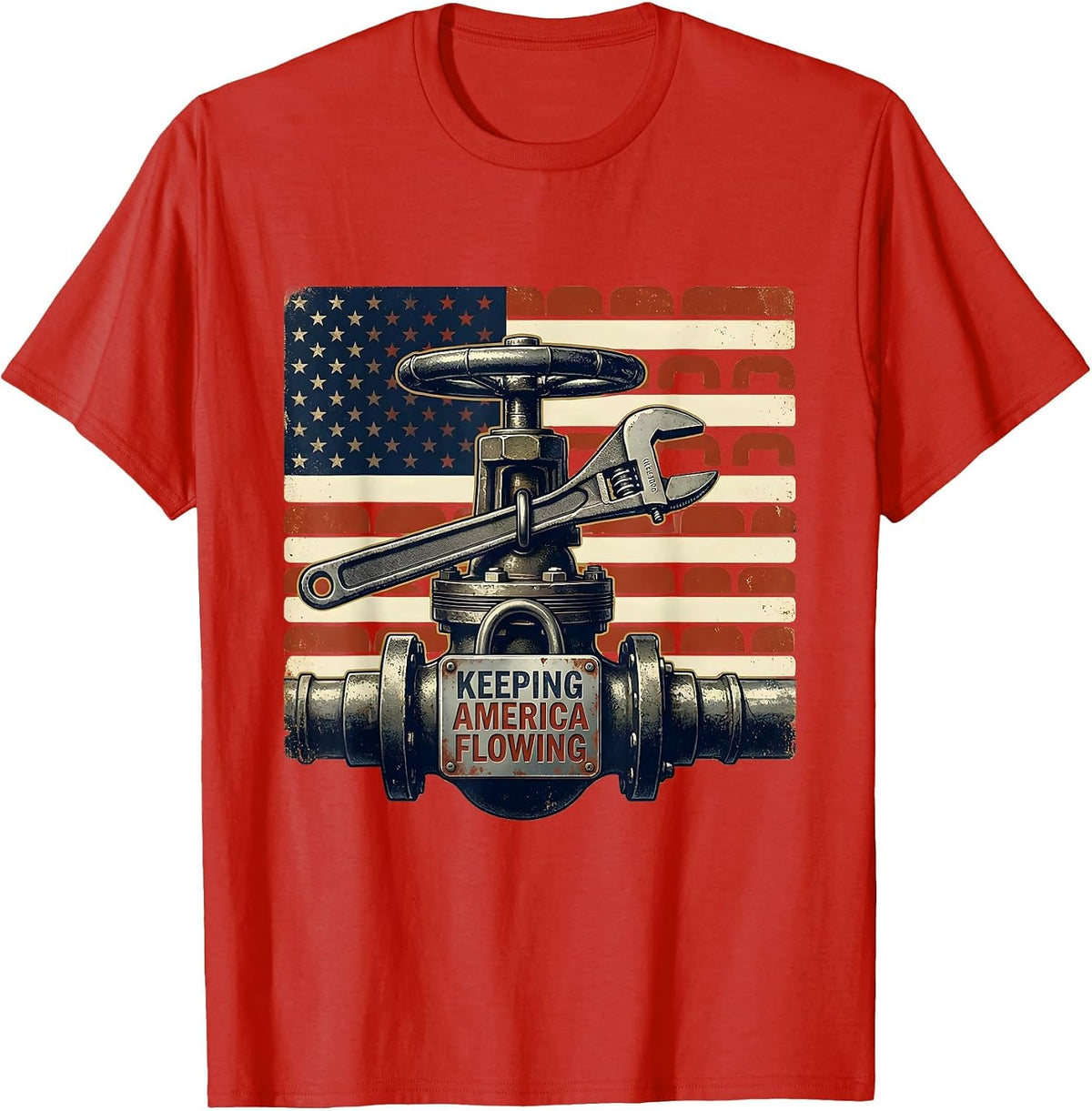 Men's Keeping America Flowing Vintage Plumber American Flag T-Shirt - Red