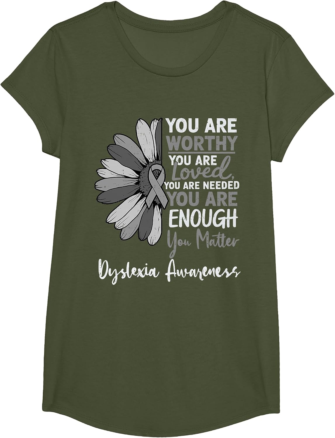 Motivational Dyslexia Awareness Ribbon Silver Specialist T-Shirt - Girls Olive Green