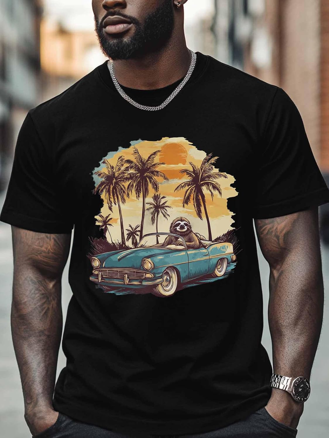 Men's T-Shirt Sloths with A Convertible Graphic Tees Cotton Crew Neck Men's Short Sleeve Basic Tshirts M - Black