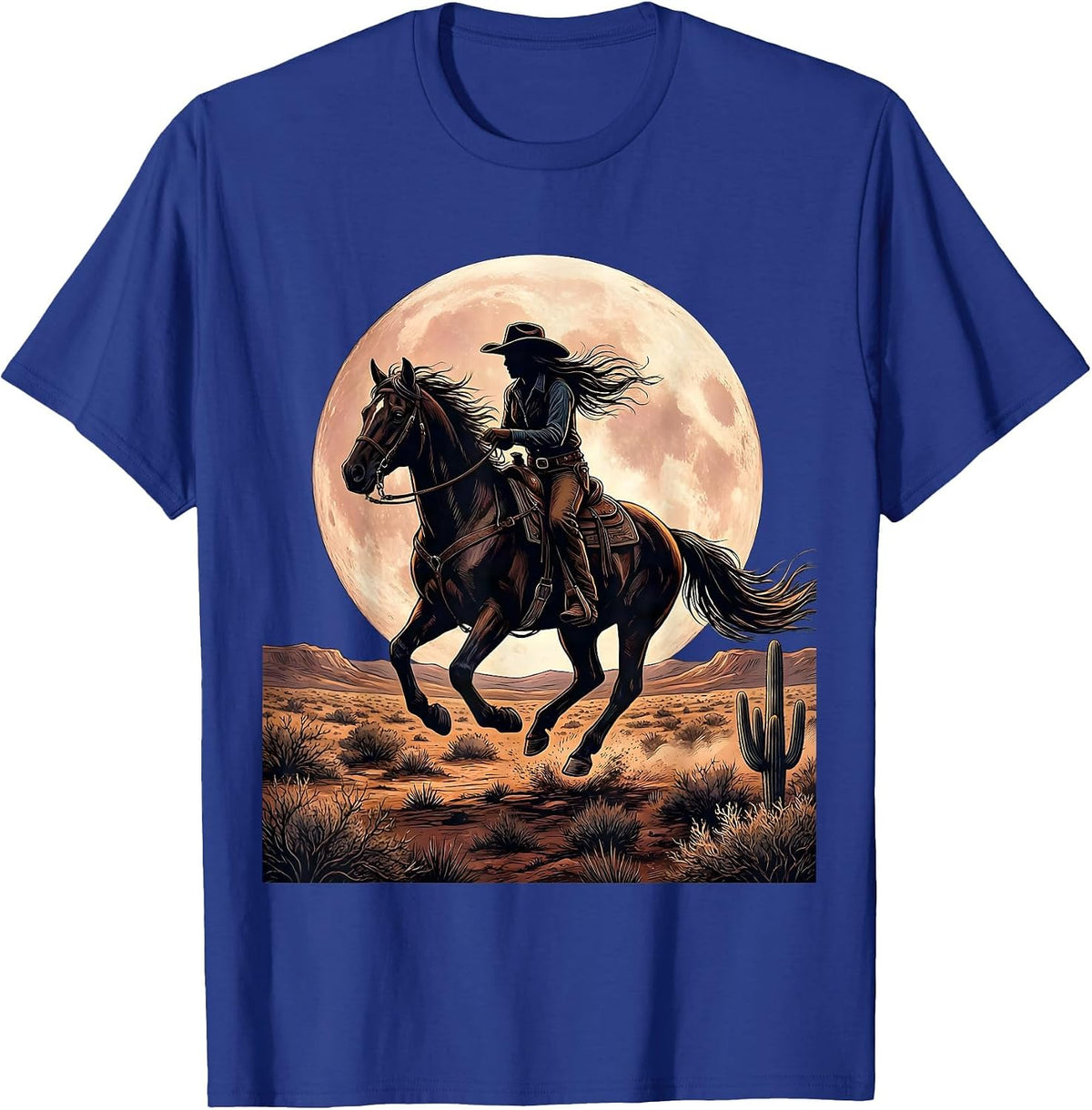 Men's Cowgirl On Horseback Under Full Moon Graphic T-Shirt - Royal Blue