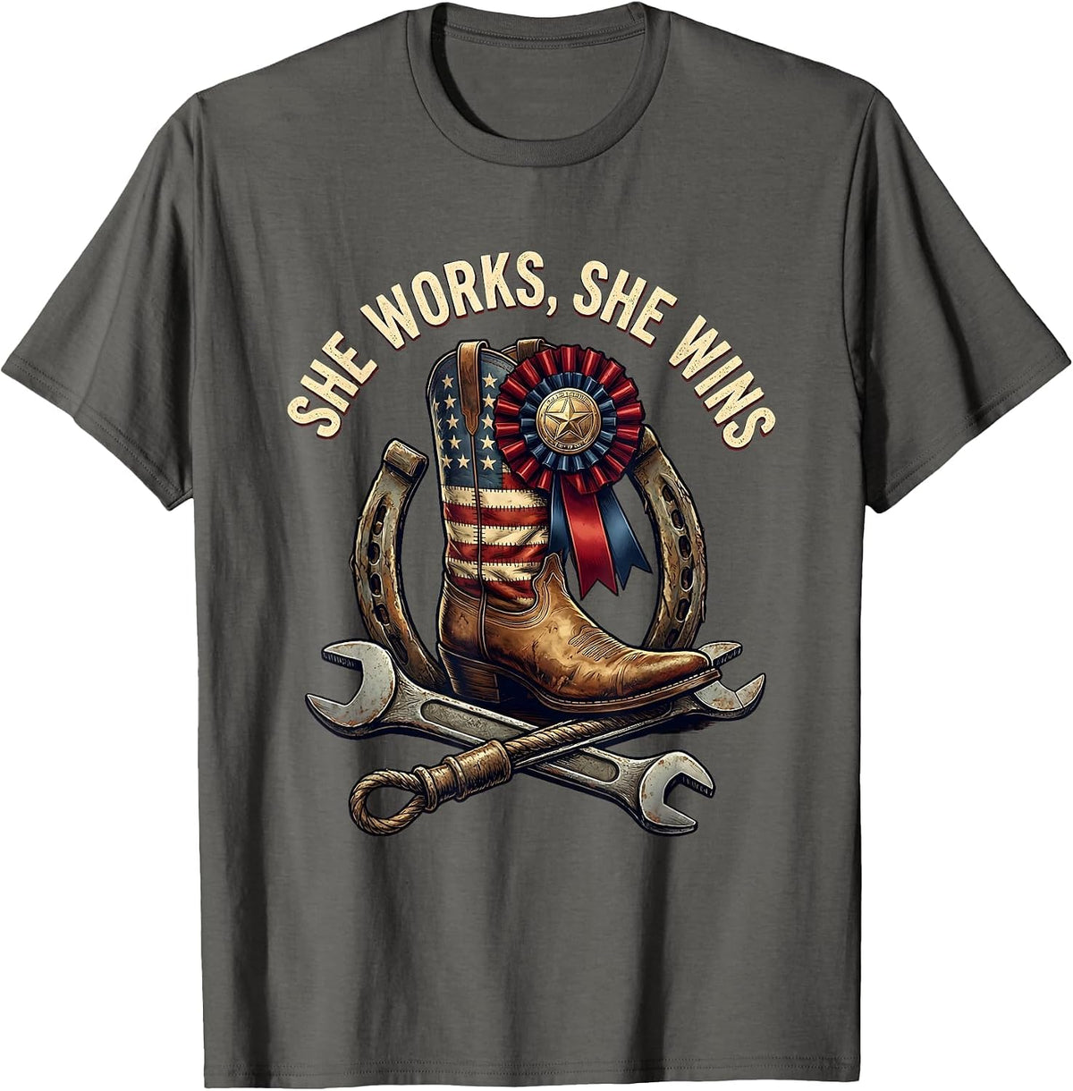 She Works She Wins Labor Day Graphic Design T-Shirt - Asphalt Grey